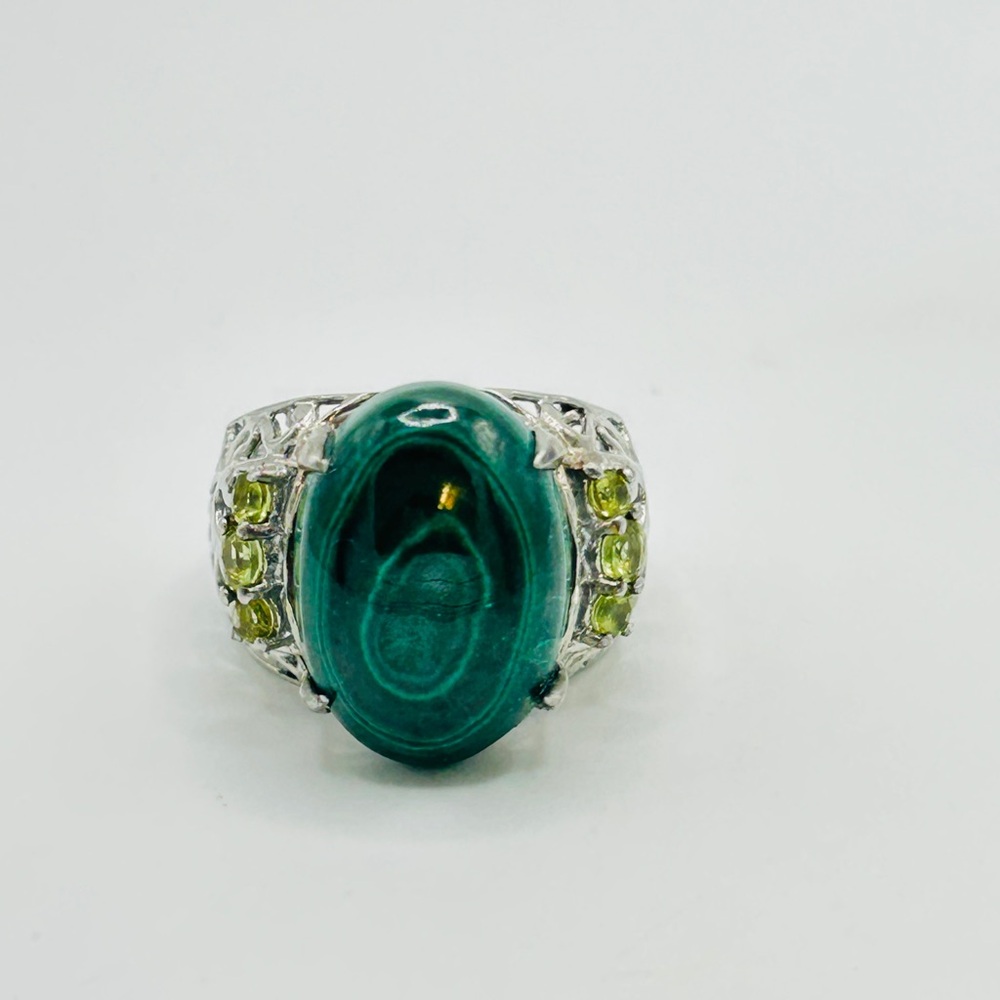 Malachite and Peridot Ring; Size 7.75; Stainless Steel